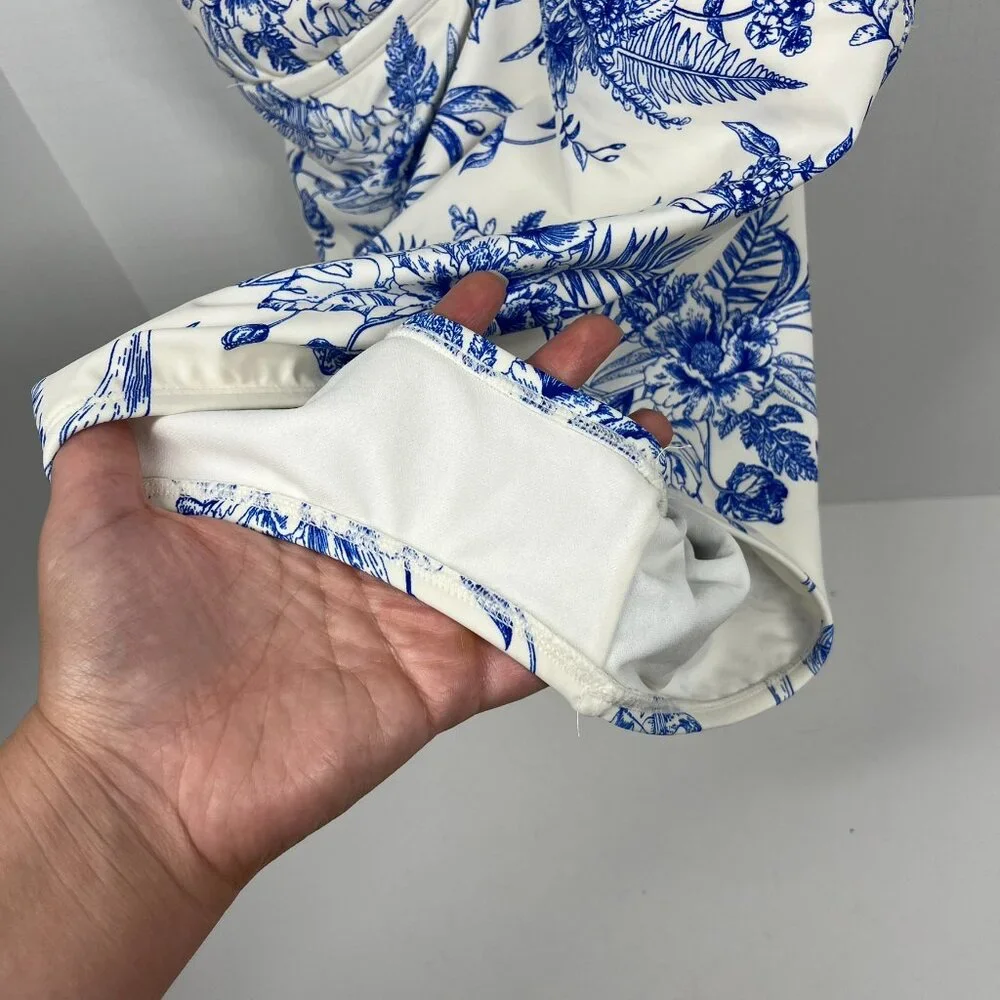 Kona Sol White with Blue Floral Toile Pattern Adjustable One Piece Swimsuit Sz L - Picture 4 of 9